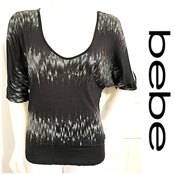 Bebe, V Neckline, Cold Shoulder, Sequins Black Top - Picture 1 of 10